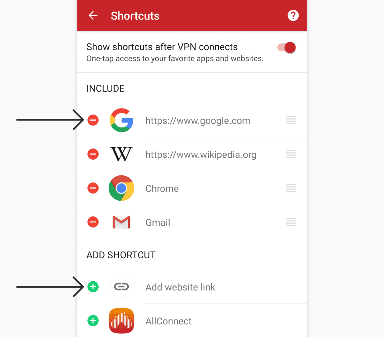Tap the add or remove icon to add or remove a shortcut.