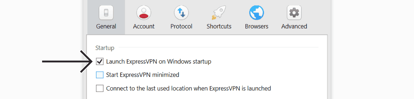 Check or uncheck the box for Launch ExpressVPN on Windows startup.