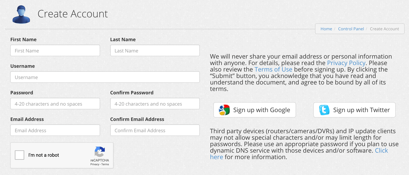 Fill in the details to create a Dynu account. 