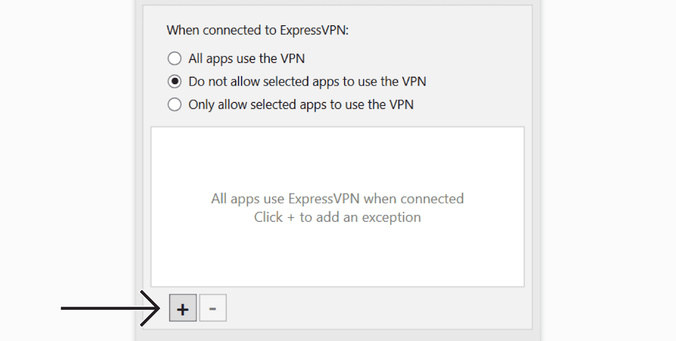 Select “Do not allow selected apps to use the VPN”, then click the plus sign.