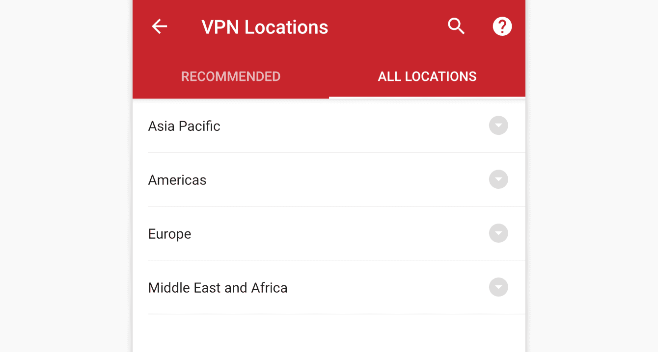 The All Locations tab lists VPN server locations by region.