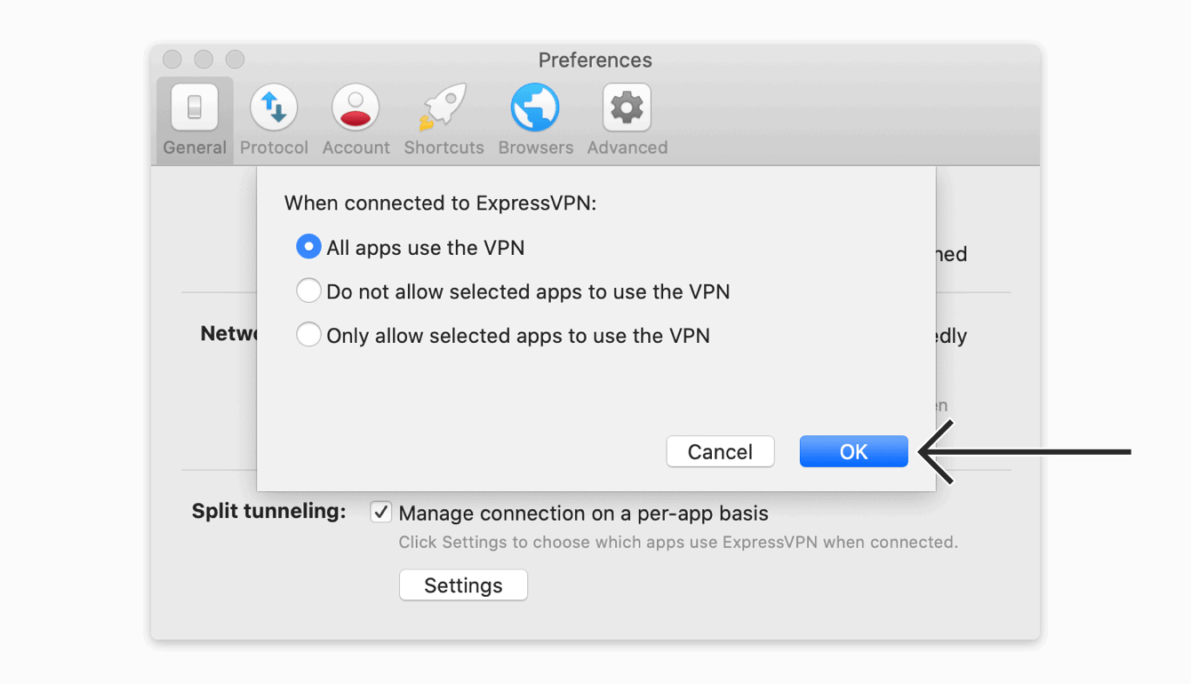 Select “All apps use the VPN”, then click “OK.”