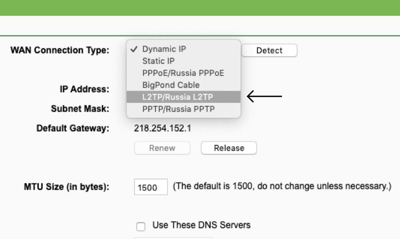 Set the WAN Connection Type to "L2TP/Russia L2TP". 