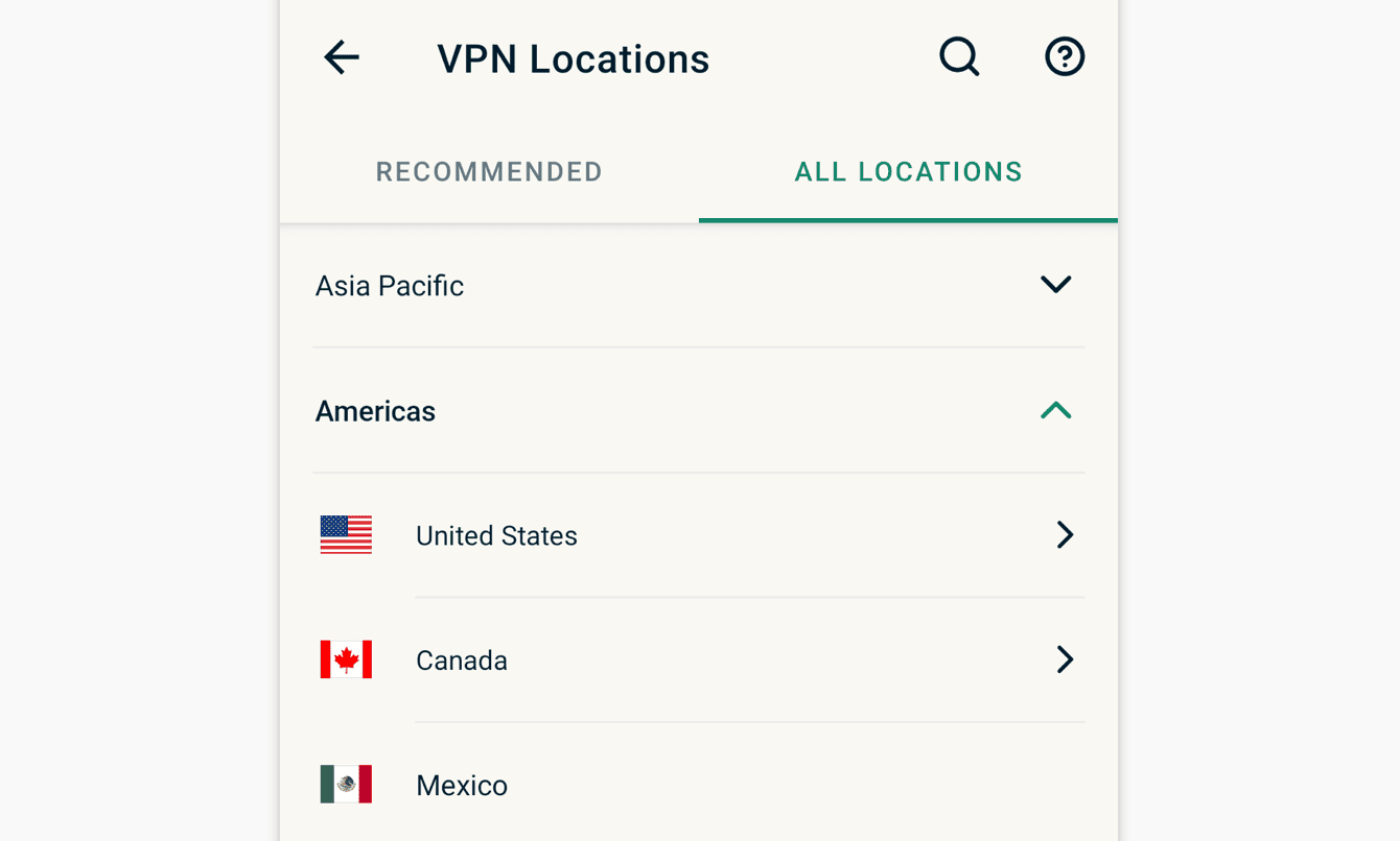 Fanen «Alle lokasjoner» viser en liste over VPN-serverlokasjoner etter region.