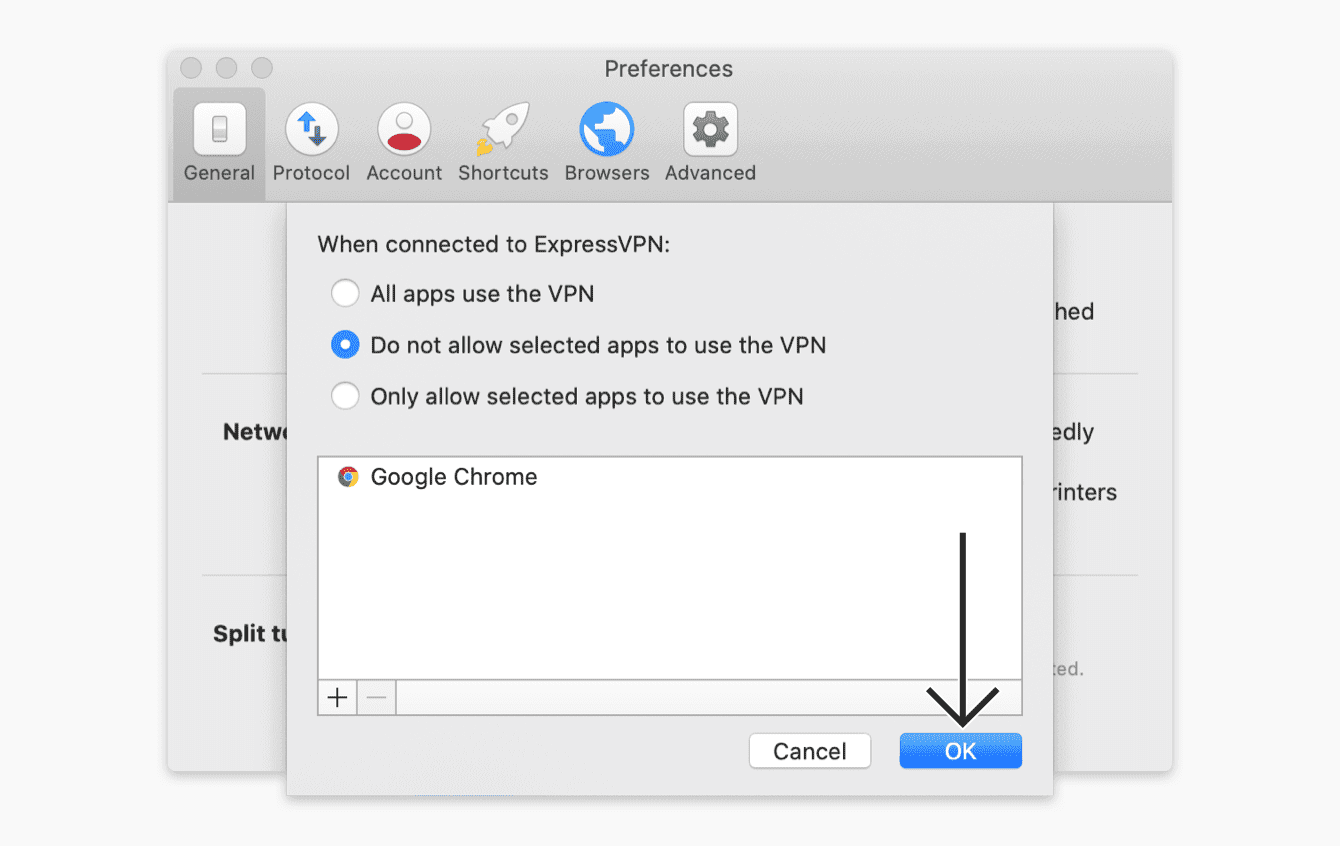 Select “Do not allow selected apps to use the VPN”, then click “OK.”