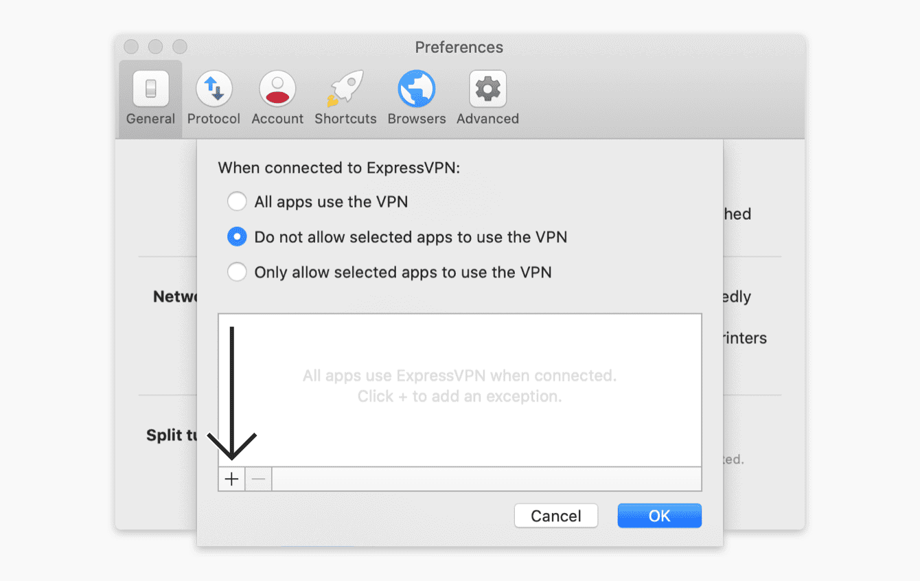 Select “Do not allow selected apps to use the VPN”, then click the plus sign.