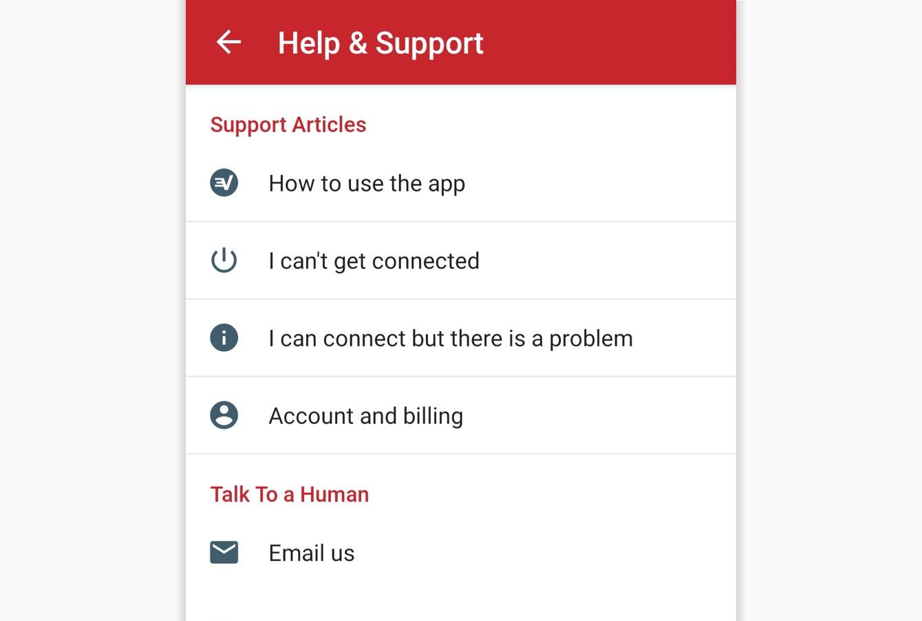 Tap a category to select an in-app support article.