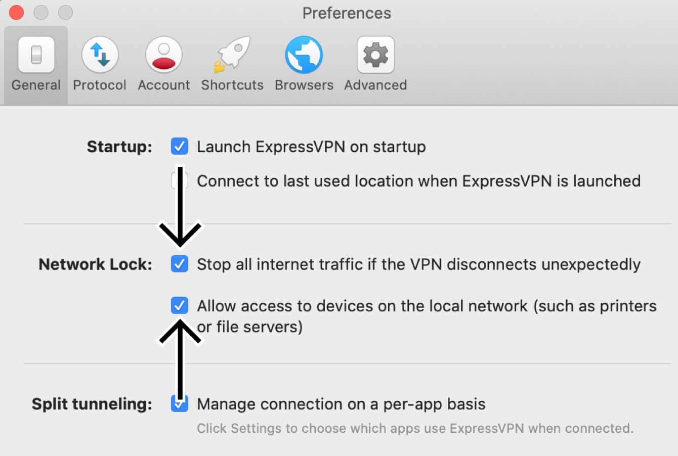 Check the boxes for “Stop all internet traffic if the VPN disconnects unexpectedly” and “Allow access to devices on the local network (such as printers or file servers).”