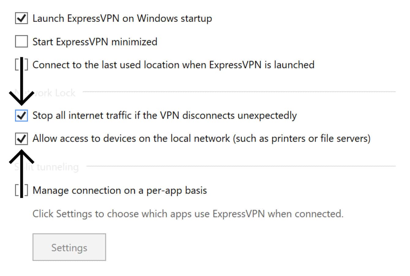 Check the boxes for “Stop all internet traffic if the VPN disconnects unexpectedly” and “Allow access to devices on the local network (such as printers or file servers)."