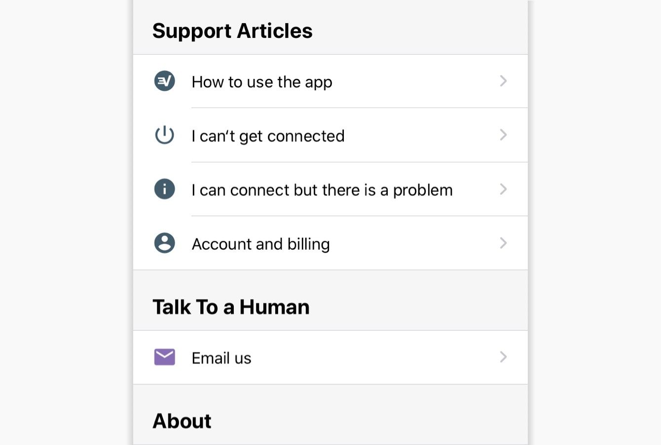Tap a category to select an in-app support article.