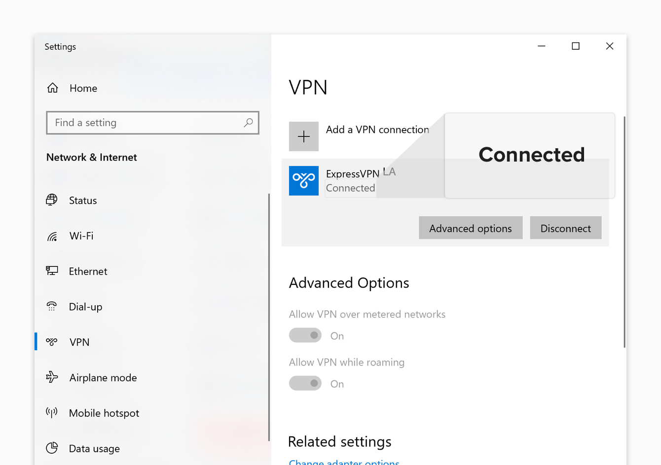 The “Connected” message shows upon successful connection.