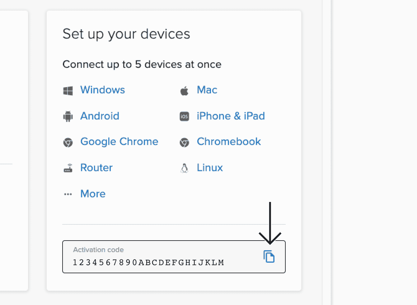 Click the activation code in the box to copy it to your clipboard.