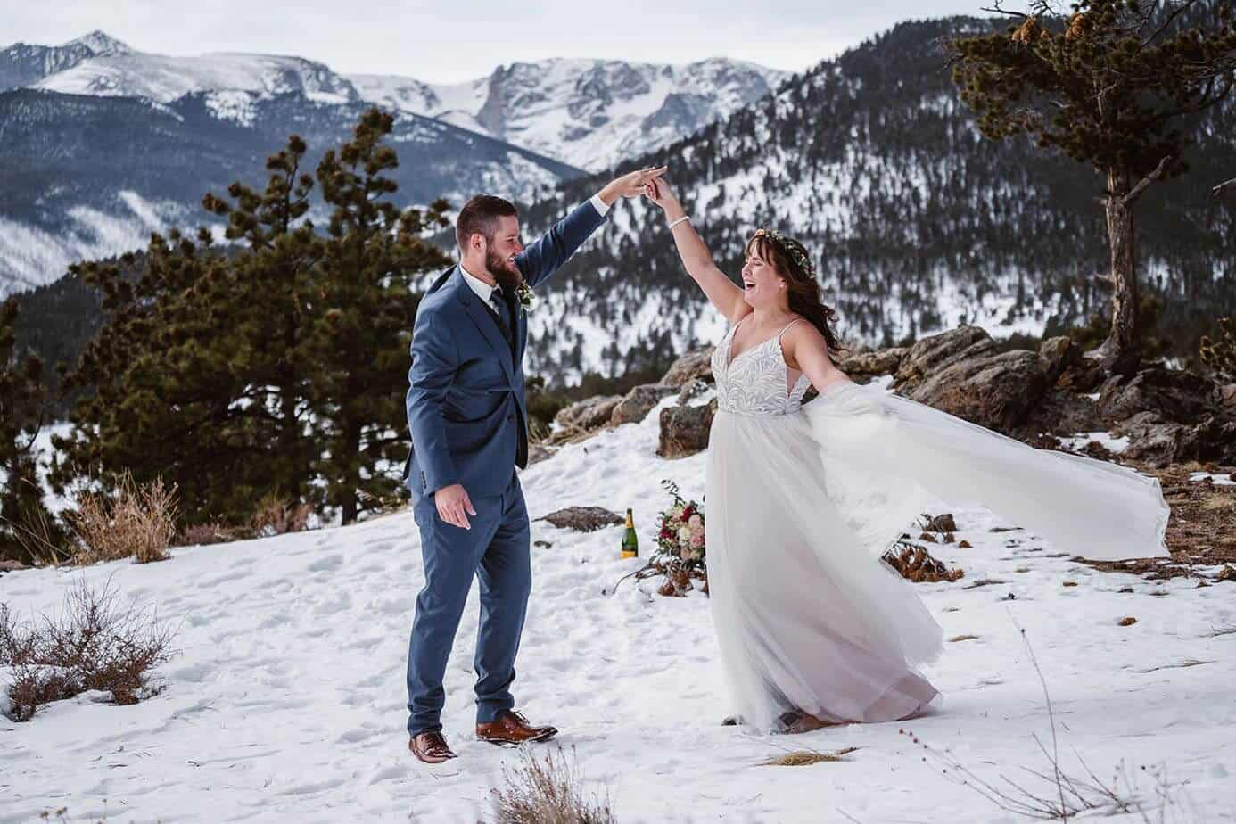 Bride and Groom Dancing Winter Elopement Guide
