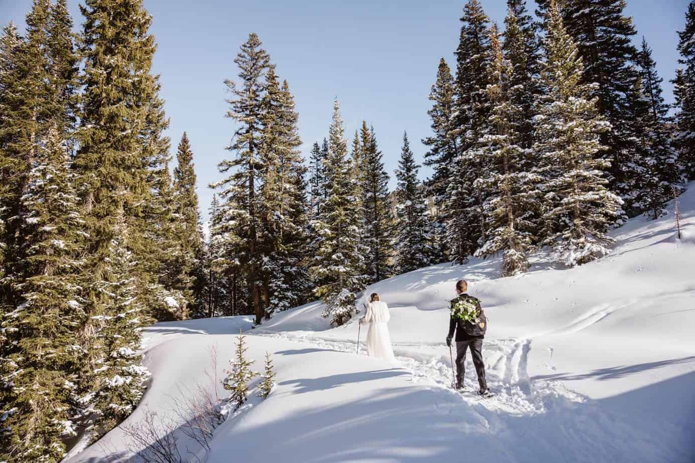 Bride and Groom Snow Shoeing Winter Elopement Guide