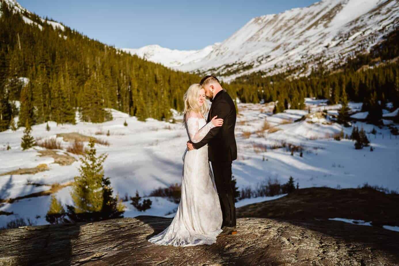 Bride and Groom at Sunrise Winter Elopement Guide