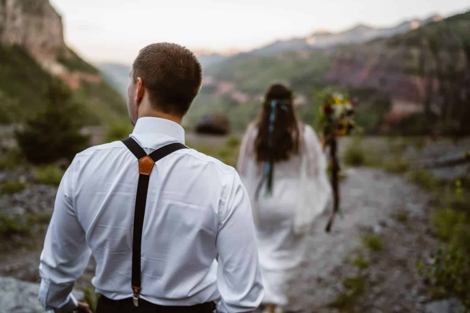 Bride and Groom Hiking to Bridal Veil Falls