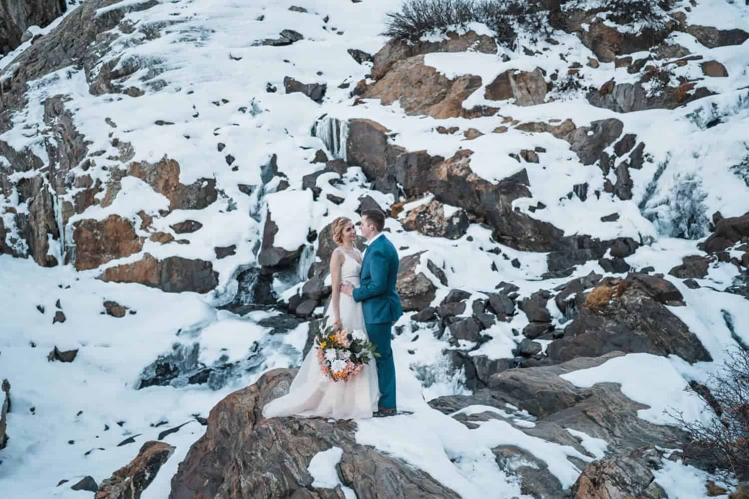 Bride and Groom Hugging Breckenridge Elopement Guide and Spots