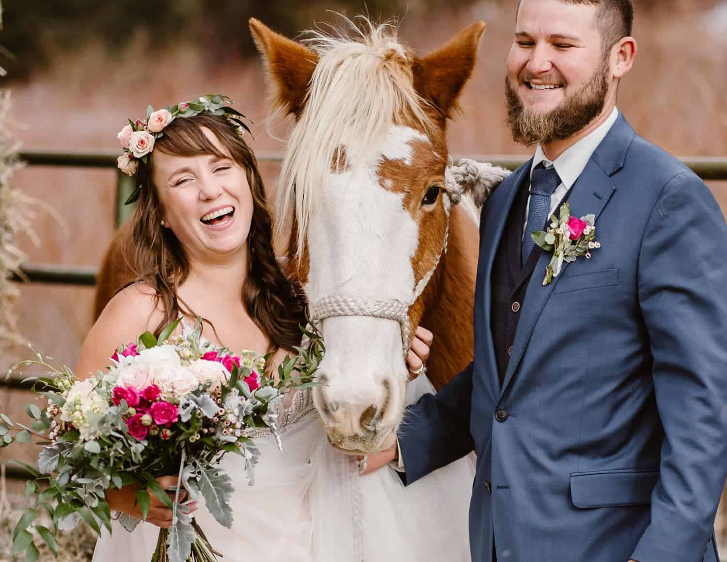 3m Curve Elopement Bride and Groom With Horses at Estes Park