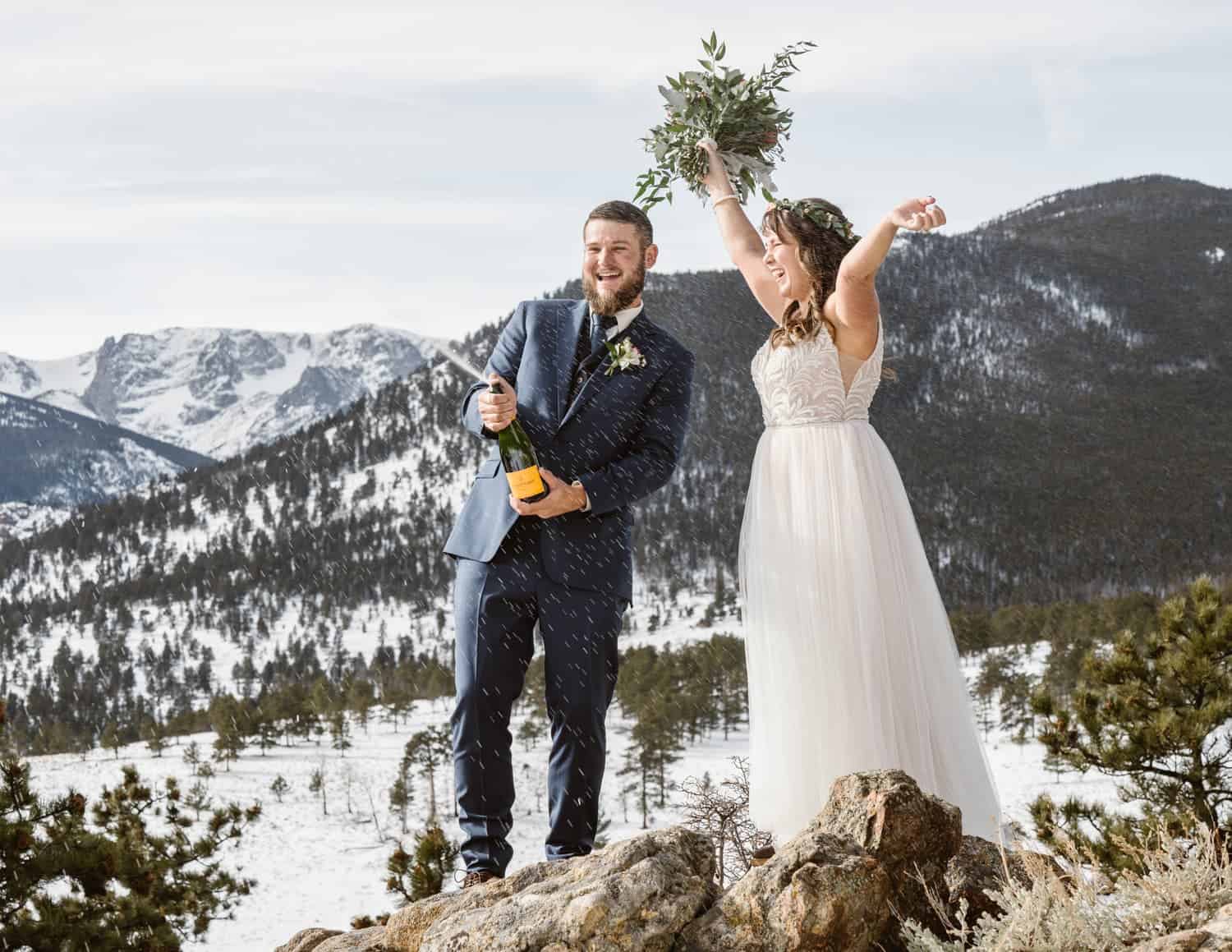 3m Curve Elopement Bride and Groom Spraying Champagne