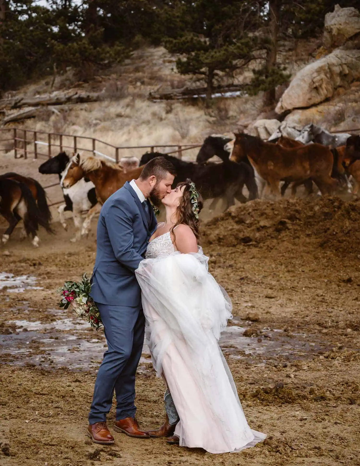 3m Curve Elopement Bride and Groom With Horses at Estes Park