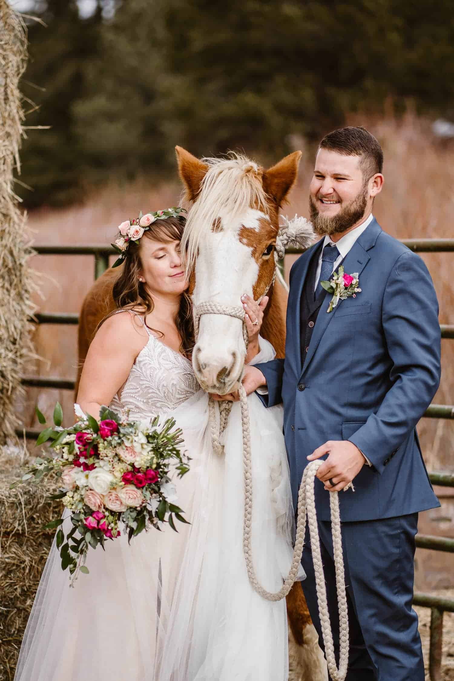 3m Curve Elopement Bride and Groom With Horses at Estes Park