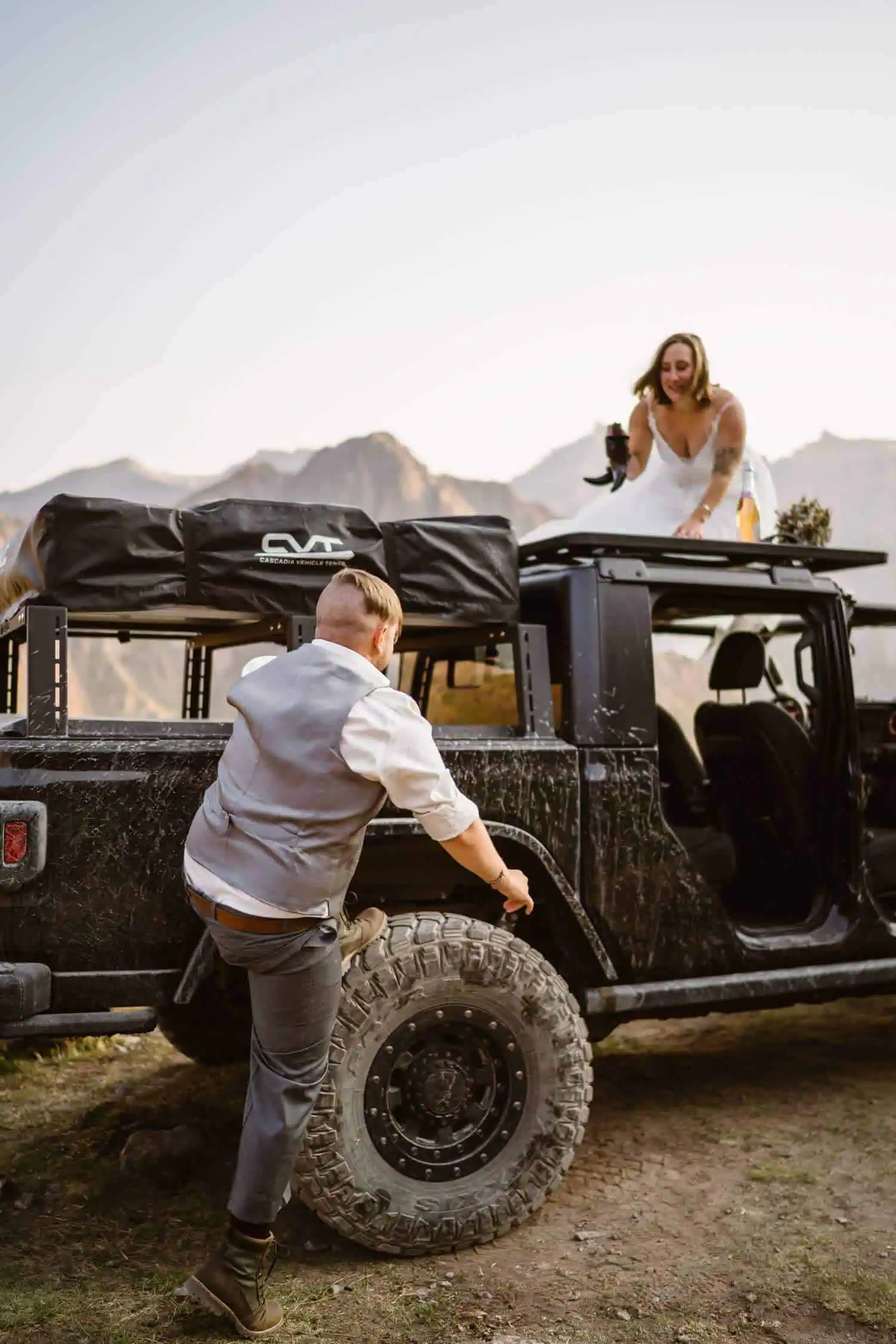 Bride and Groom on Jeep Colorado Off-Roading Elopement