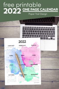 calendar 2022 printable one page paper trail design