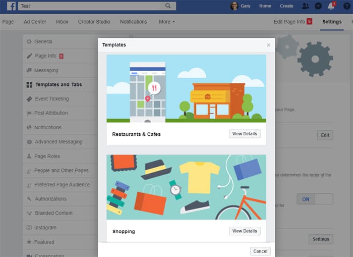 Facebook Business Page - choose a template
