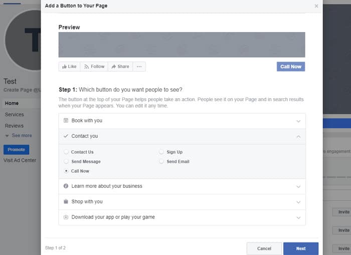 Facebook Business Page - Add a Call to Action Button