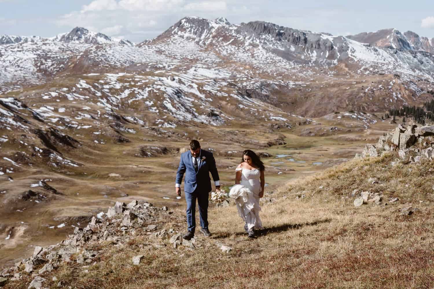 Bride and Groom Hiking at Silverton, CO Elopement