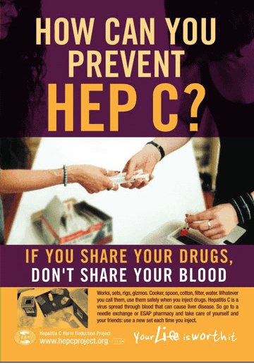 Posted promoting Needle Exchange to reduce Hep C NYC Poster flyer How Can You Prevent Hep C? Harm Reduction and safe heroin injection practices.