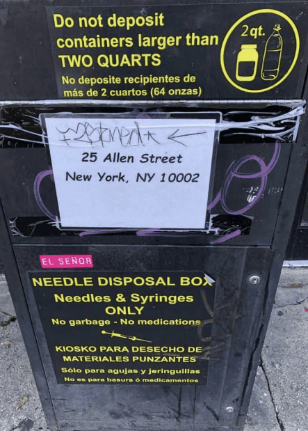 Harm Reduction 25 Allen St. Needle Exchange Drop Box NYC Image of the Harm Reduction Needle Exchange Drop Box 25 Allen St. NYC