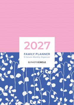 2027 family wall planner with abstract pink and blue patterns – sustainable calendar with 5 columns for scheduling.