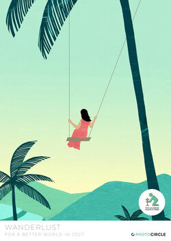 Wanderlust Reise Kalender 2027 – blau-grüne Reiseillustrationen als nachhaltiges Geschenk