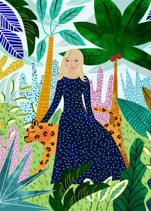 Illustration by Uma Gokhale: Woman with cheetah in a tropical setting