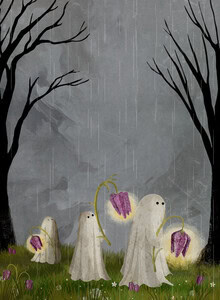 Illustration by Katherine Blower: ghosts in a blooming spring landscape