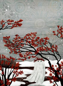 Illustration by Katherine Blower: cute ghost under a tree in soft colors