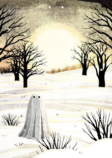 Illustration by Katherine Blower: gentle winter landscape with a ghost and sun rays