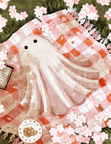 Illustration by Katherine Blower: cheerful picnic ghost under blooming cherry trees
