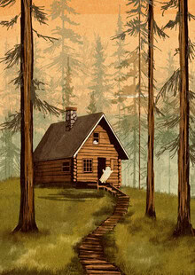 Illustration by Katherine Blower: charming summer cabin in the woods