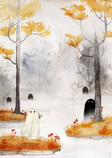 Illustration by Katherine Blower: playful ghosts in a misty forest