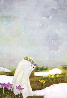 Illustration by Katherine Blower: cheerful ghost in a blooming garden