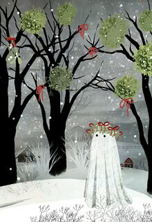 Illustration by Katherine Blower: a ghost with mistletoe in a winter landscape