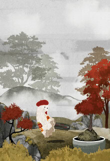 Illustration by Katherine Blower: A ghost in a Zen garden surrounded by maple leaves.