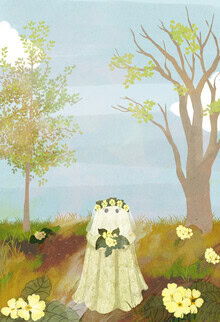 Illustration by Katherine Blower: a cute bride with primrose flowers in a forest.