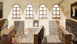 Illustration of a spooky library with a friendly atmosphere