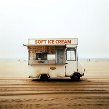 Fotokunst von David Foster Nass: Eiswagen am Strand, humorvolle surreale Szene.