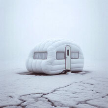 Fotokunst von David Foster Nass: ein minimalistisches, winterliches Wohnwagen-Szenario