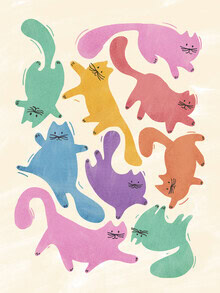 Illustration von Ania Więcław: verspielte Katzen in Regenbogenfarben