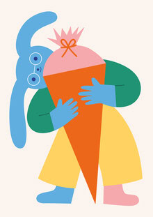 Illustration von Susann Stefanizen: fröhliches Hasenkind mit Brille und Schulmaterialien